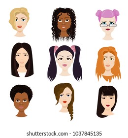 Set of Female Faces Isolated On White Background, Diverse Women With Different Haircuts Portraits Flat Vector Illustration