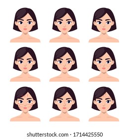 Conjunto de caras femeninas con líneas de cirugía plástica vectorial aislado. Levantamiento facial, corrección nasal e inyección labial. Procedimiento de belleza.
