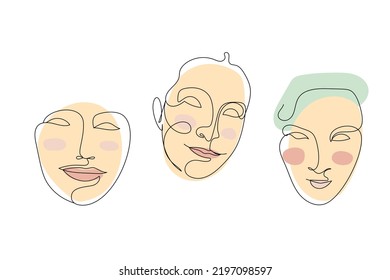 Set of female faces single line drawings and pastel abstract shapes compositions