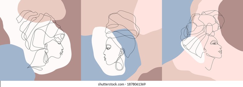 Set of female faces in turban continuous line art. Abstract modern collage of geometric shapes in a modern trendy style. Vector illustration. Portrait of a woman. Print for t-shirt, postcard, poster.