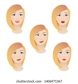 Set of female faces with various expressions, emotions for your design, avatars, icons