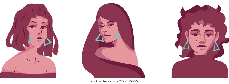 Conjunto de caras femeninas en la ilustración de dibujo vectorial con estilos de cabello. Ropa de mujer colorida y elegante aislada. Niña elegante