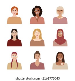 Set of female faces with vitiligo. Portraits with different ethnics, skin colors, hairstyles for avatars in social networks. Vitiligo skin disease and body positive concept. Flat vector illustration