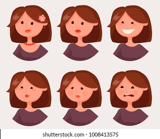 Set of female facial emotions. Vector illustration in cartoon style.