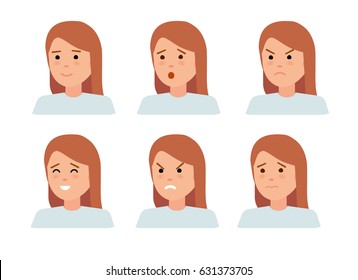 Set of female facial emotions. Woman emoji character with different expressions. Vector illustration in flat cartoon style
