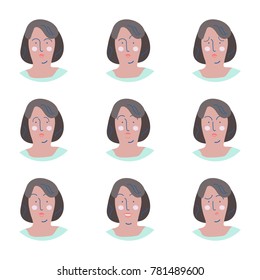 Set of female facial emotions. Woman emoji character with different expressions. Vector. Doodle. Middle aged woman in different feelings.