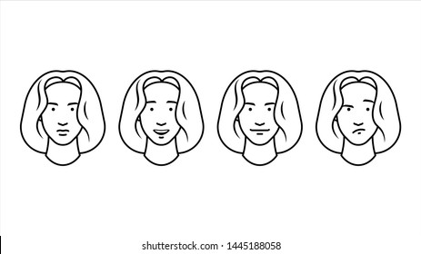 Set of female facial emotions. Young woman character with different expressions. Vector illustration in trendy style.