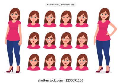 Set of female facial expression. Collection of girl / woman's emotions. Concept illustration in vector cartoon style.