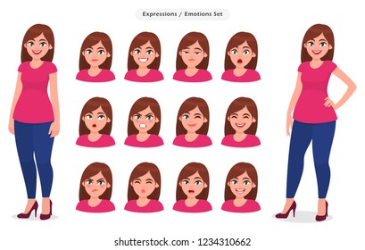 Set of female facial expression. Collection of girl / woman's emotions. Concept illustration in vector cartoon style.