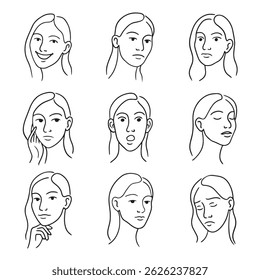 Set of female facial expressions in line art style. Illustration of emotions and moods.