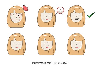 Set of female facial skin problems, vector illustrations.