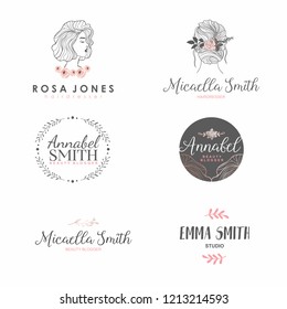 Set of female fashion logo for beauty salon, hair salon, cosmetic. Hand drawn design elements.