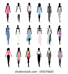Set Of Female Fashion Silhouettes On The Runway
