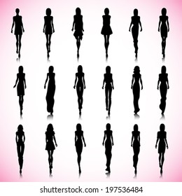 Set of female fashion silhouettes on the runway