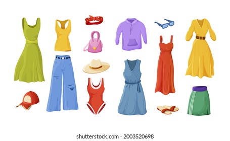 Set of female fashion summer apparel. Feminine clothes or woman wardrobe outfit casual street style. Clothing, accessories dress, jeans, skirt, hoody, swimsuit, bandana, cap, hat, bag cartoon vector