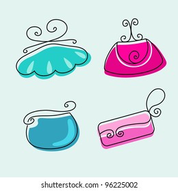 Set of female fashionable bright handbags on a light background