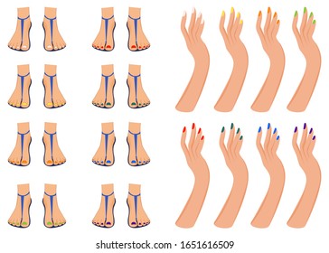 Set of female feet and female hands for the constructor. Cartoon style. Vector illustration