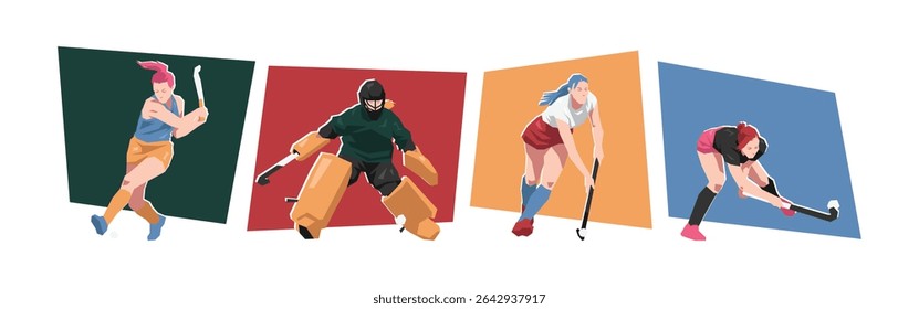 Set of female field hockey player character in action. Sport, activity. Flat vector cartoon illustration.