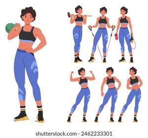 Conjunto De Personaje Femenino De Instructor De Fitness En Diversas Poses De Ejercicio, Demostrando Fuerza, Entrenamiento De Bienestar Y Rutinas De Estiramiento En Un Traje Deportivo. Ilustración vectorial de Personas de dibujos animados