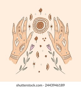 A set of female floral hands with celestial symbols, logo in minimal linear style. Vector design template with different hand-drawn outline gestures, moon or sun, stars and more. Good for spa, massage