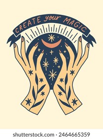 A set of female floral hands with celestial symbols, logo in minimal linear style. Vector design template with different hand-drawn outline gestures, moon or sun, stars and more. Good for spa, massage