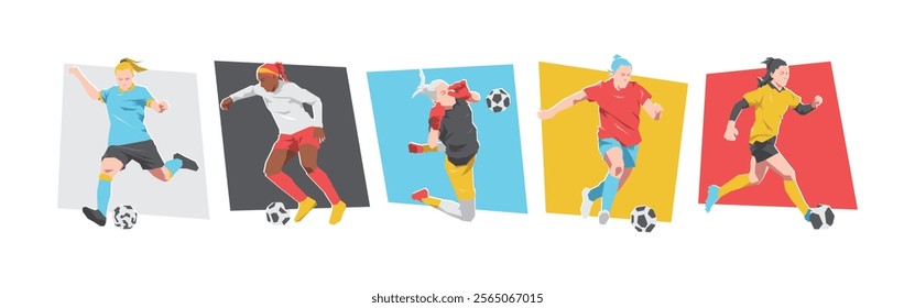 Set of female football players, soccer athlete. Isolated on white background. Flat graphic vector illustration.