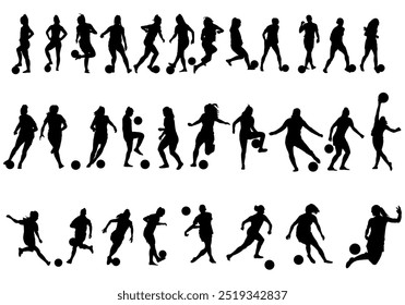 Set of Female Football Soccer Players Futbol Silhouette on White Background Stock Vector