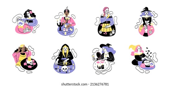 Set of female fortune tellers predicting future. Women predict fate with help of tarot cards, magic sphere, palm, skull and candles. Cartoon flat vector collection isolated on white background