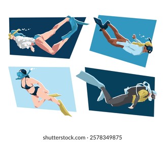 Set of female free diver, snorkeling, and scuba diver. Swimmer chaAracter. Underwater sport. Flat vector illustration.