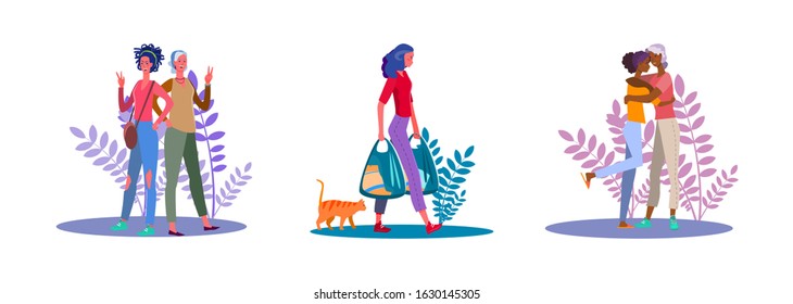 Set of female friends posing for camera and embracing. Flat vector illustrations of woman carrying grocery bags. Friendship, going out, shopping concept for banner, website design or landing web page