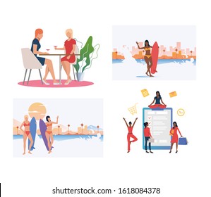 Set of female friends spending leisure time together. Flat vector illustrations of women on a summer trip. Travelling, vacation activities concept for banner, website design or landing web page
