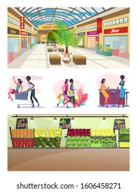 Set of female friends spending time together. Flat vector illustrations of women shopping, drinking at pub. Leisure concept for banner, website design or landing web page