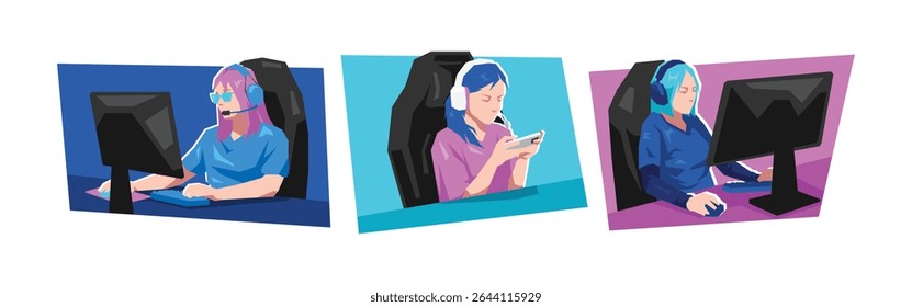 Jogo de gamer feminino, esporte profissional, esporte cibernético. pose dinâmica, atividade. Ilustração de vetor plano de desenhos animados.