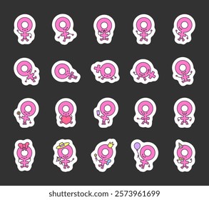 Set of female gender cartoon characters showing various emotions and activities like greeting, dancing, sleeping, holding flowers, using a smartphone, and celebrating with party hat