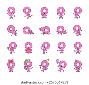 Set of female gender cartoon characters showing various emotions and activities like greeting, dancing, sleeping, holding flowers, using a smartphone, and celebrating with party hat