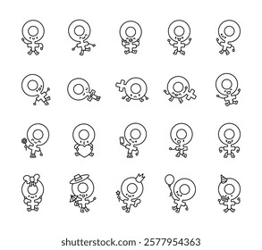 Set of female gender cartoon characters showing various emotions and activities like greeting, dancing, sleeping, holding flowers, using a smartphone, and celebrating with party hat