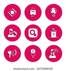 Set Female gender, Feminism finance, opinion, Debate podium rostrum, Feminist activist, Women from different countries, the world and Condom package icon. Vector