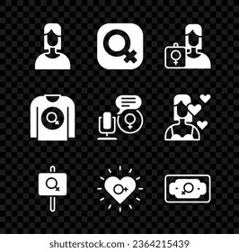 Set Female, gender, Feminist activist, Feminism, Money growth woman, shirt and Microphone icon. Vector