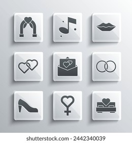 Set Female gender symbol, Bedroom, Wedding rings, Greeting card, Woman shoe, Two Linked Hearts, arch and Smiling lips icon. Vector