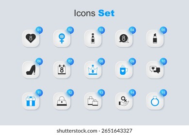 Set Female gender symbol, Calendar with 8 March, International Women Day, Gift box and heart, Diamond engagement ring, Heart speech bubble,  and King crown icon. Vector