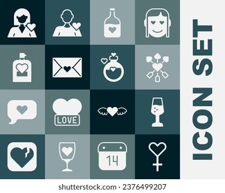 Set Female gender symbol, Glass of champagne, Amour with heart and arrow, Bottle love potion, Envelope Valentine, Perfume, Romantic girl and  icon. Vector