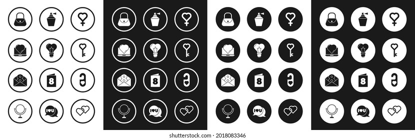 Set Female gender symbol, Heart shape in light bulb, Online dating app and chat, Handbag, Key heart, Perfume, Please do not disturb with and Envelope 8 March icon. Vector