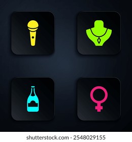 Set Female gender symbol, Microphone, Champagne bottle and Necklace mannequin. Black square button. Vector