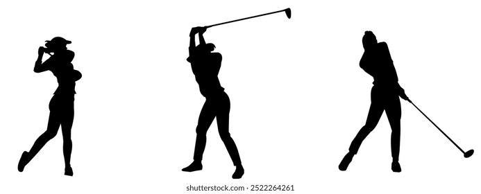 Set of female golfers silhouettes. People playing golf in various styles isolated on white background.
