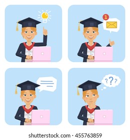 Set of female graduate characters with laptop posing in different situations. Cheerful graduate showing thumb up gesture, pointing up, thinking. Distance education concept. Flat vector illustration