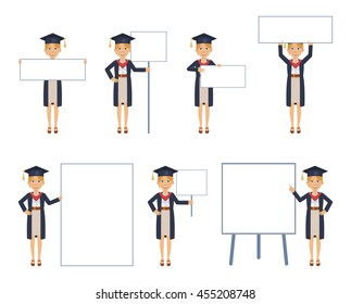 Set of female graduate characters posing with different blank banners. Cheerful graduate with paper, poster, placard, pointing to whiteboard, teach, advertise, promote. Flat style vector illustration