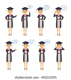 Set of female graduate characters posing in different situations. Cheerful graduate talking on phone, thinking, pointing up, laughing, crying, surprised. Flat style vector illustration