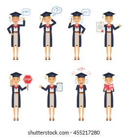 Set of female graduate characters posing in different situations. Cheerful graduate talking on phone, thinking, surprised, angry, holding loudspeaker, book, clipboard. Flat style vector illustration