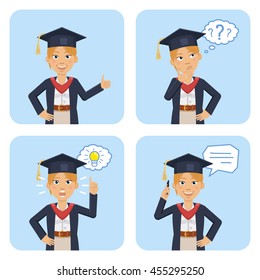 Set of female graduate characters posing in different situations. Cheerful graduate thinking, pointing up, talking on phone, showing thumb up gesture. Vector illustration