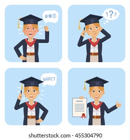 Set of female graduate characters posing in different situations. Cheerful graduate talking on phone, thinking, surprised, angry, holding diploma, document, contract. Flat style vector illustration